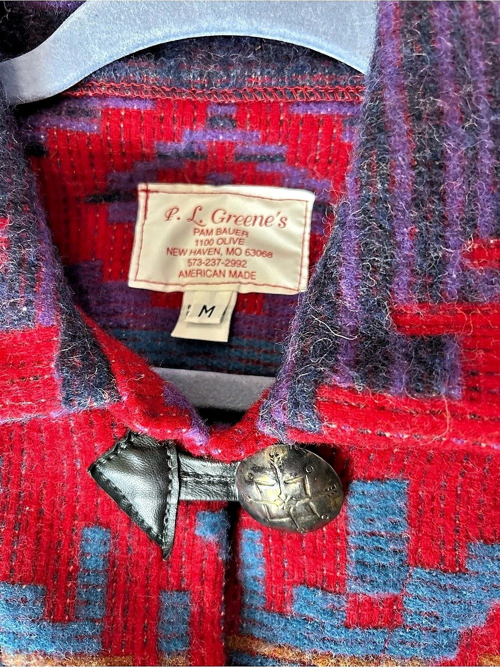 P.J. Greene's Woven Patterned Long Coat Geometric Long Coat in Red & Blue Size M